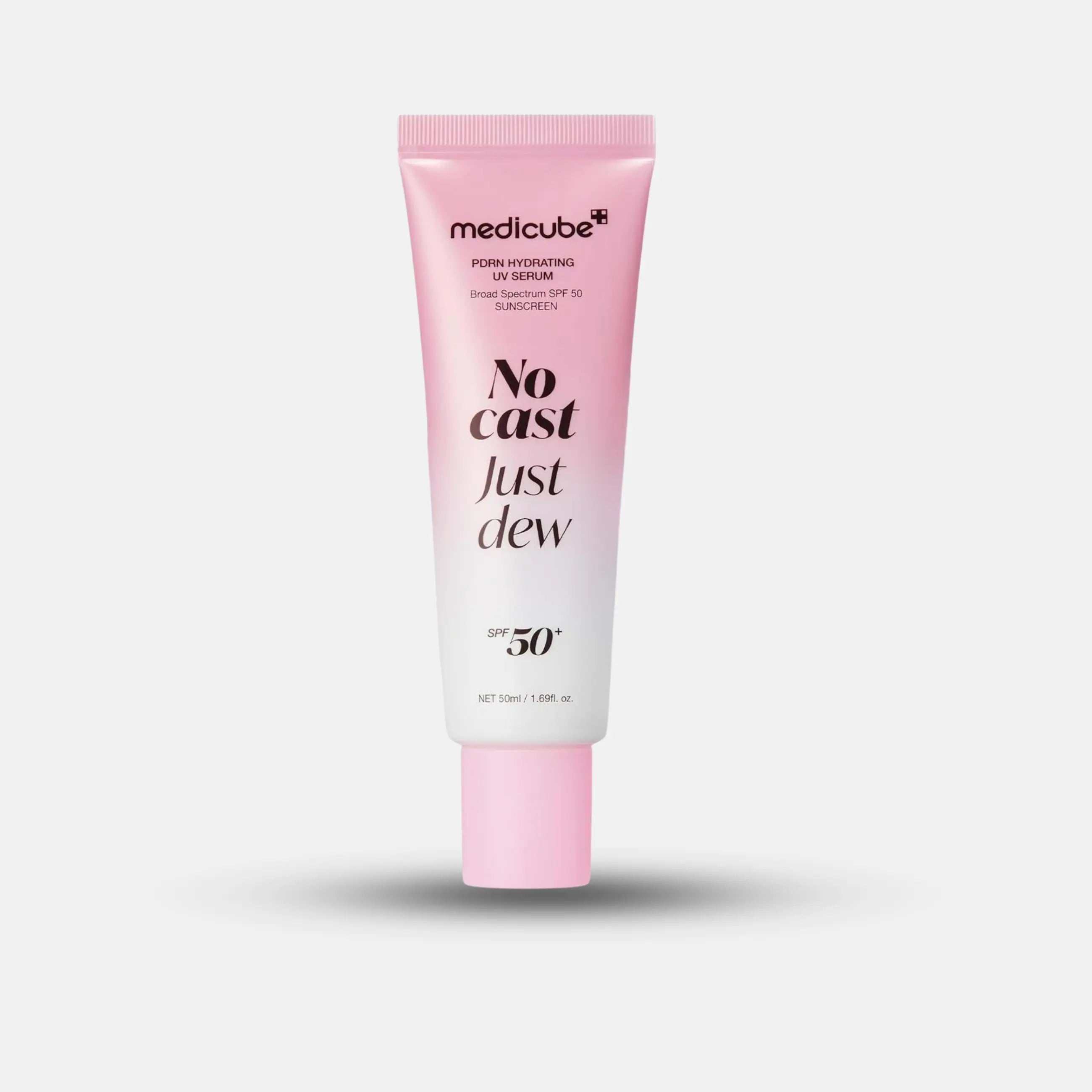 Medicube No Cast Just Dew PDRN Hydrating UV Sun Serum SPF50+ sunscreen with no white cast and hydrating dewy finish
